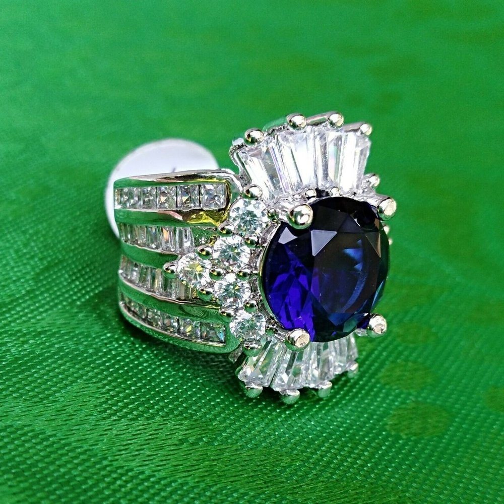 Woman Silver Ring Crown Blue Sapphire